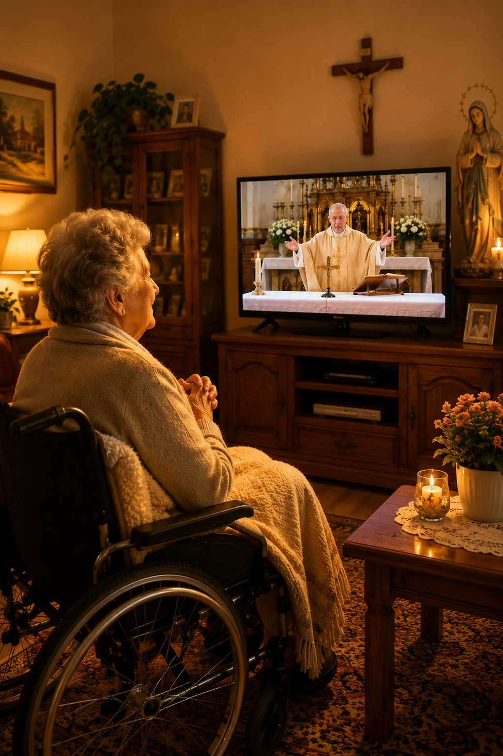 Ältere Frau verfolgt einen Gottesdienst per Livestream